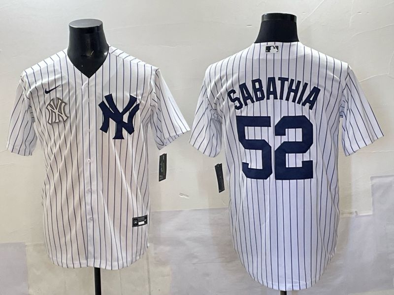 Men New York Yankees #52 Sabathia White Stripe Nike MLB 2025 Jersey 011